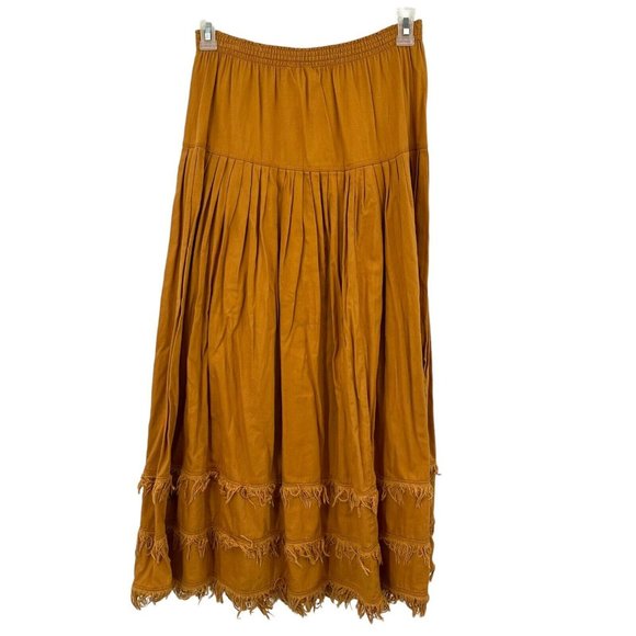 VTG Gene Ewing BIS Maxi SKIRT Sz S Pleated Tiered Fringe Gold Mustard Yellow - Picture 2 of 10